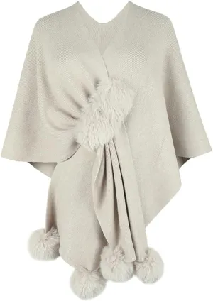 Fashion Cape Shawls for Women Faux Fur Pom Pashmina Wrap Large Scarves Open Front Poncho Cape Soft Cardigan Sweaters