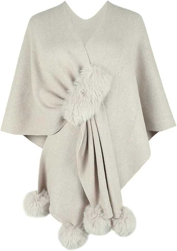 Fashion Cape Shawls for Women Faux Fur Pom Pashmina Wrap Large Scarves Open Front Poncho Cape Soft Cardigan Sweaters