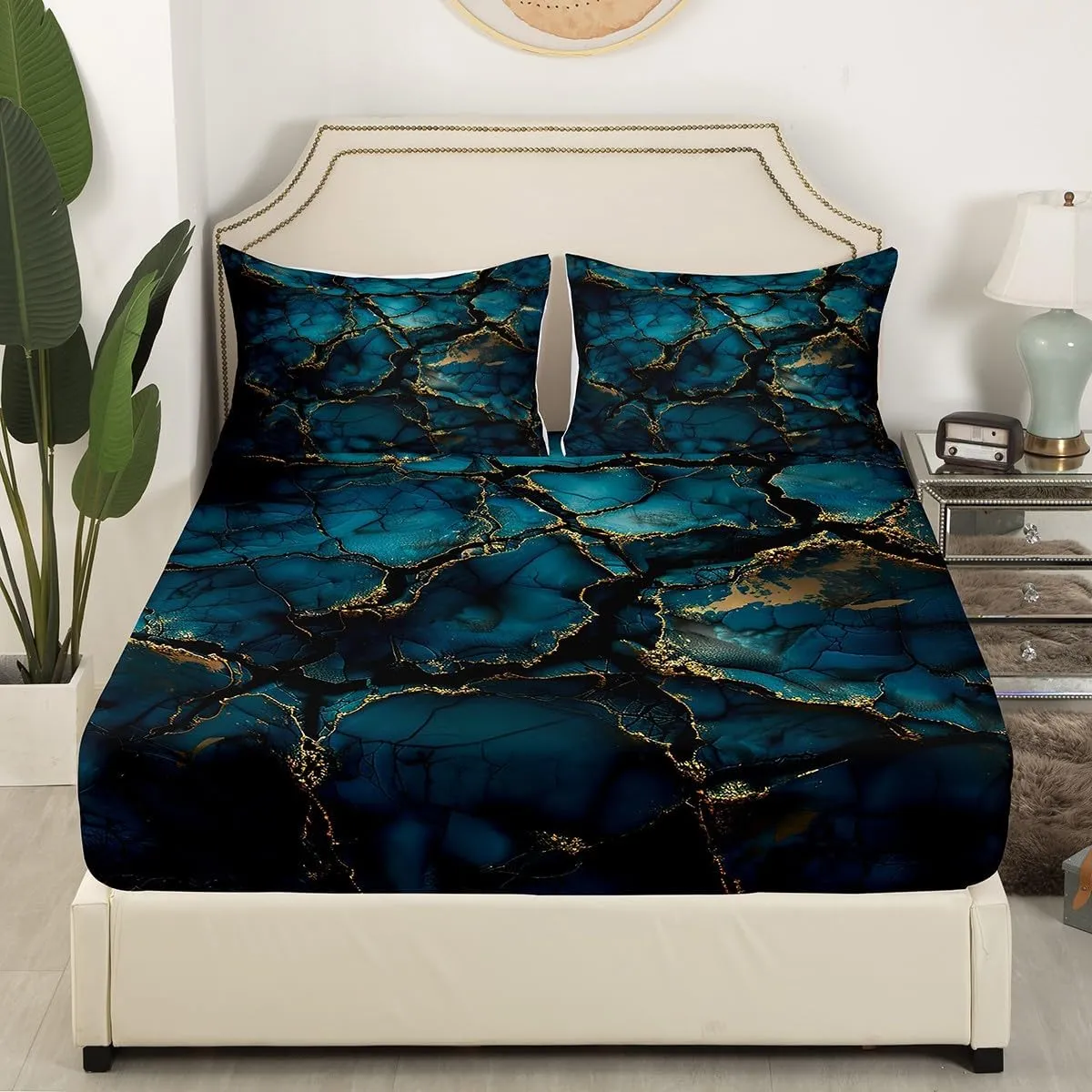 Feelyou Navy Blue Marble Bed Sheets Set Queen Size Modern Marble Aesthetic Sheet Set Retro Watercolor Artwork Design Sheets with Deep Pocket Fitted Sheet Abstract Marble Texture Printed Bedding Set
