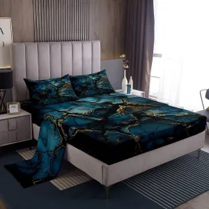 Feelyou Navy Blue Marble Bed Sheets Set Queen Size Modern Marble Aesthetic Sheet Set Retro Watercolor Artwork Design Sheets with Deep Pocket Fitted Sheet Abstract Marble Texture Printed Bedding Set
