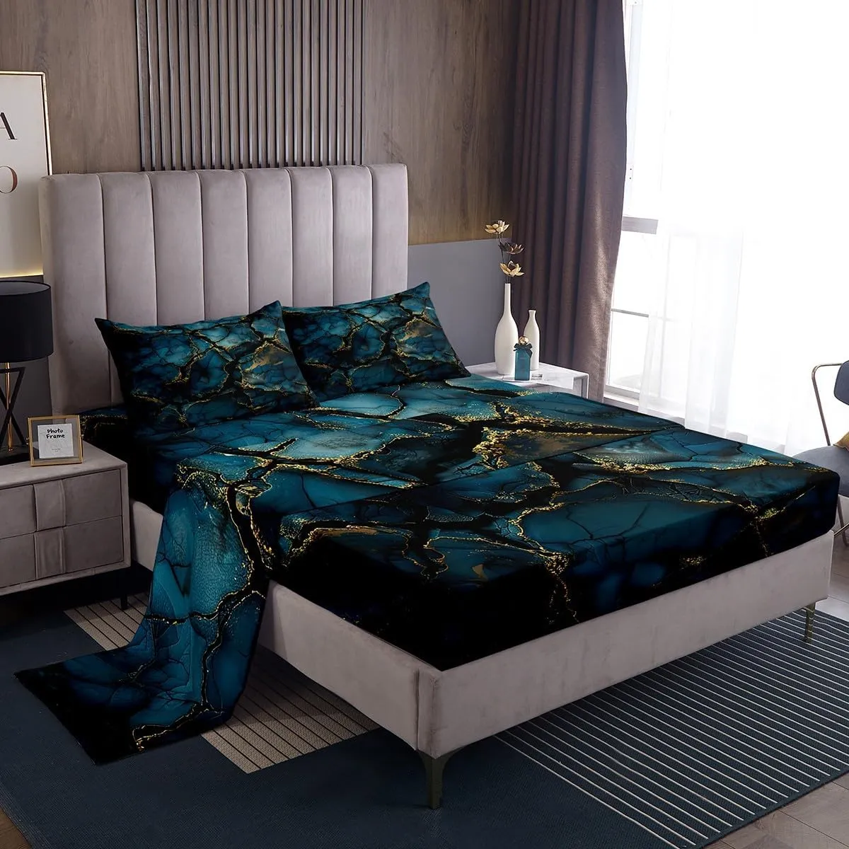 Feelyou Navy Blue Marble Bed Sheets Set Queen Size Modern Marble Aesthetic Sheet Set Retro Watercolor Artwork Design Sheets with Deep Pocket Fitted Sheet Abstract Marble Texture Printed Bedding Set