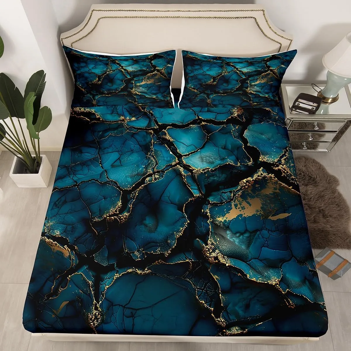 Feelyou Navy Blue Marble Bed Sheets Set Queen Size Modern Marble Aesthetic Sheet Set Retro Watercolor Artwork Design Sheets with Deep Pocket Fitted Sheet Abstract Marble Texture Printed Bedding Set
