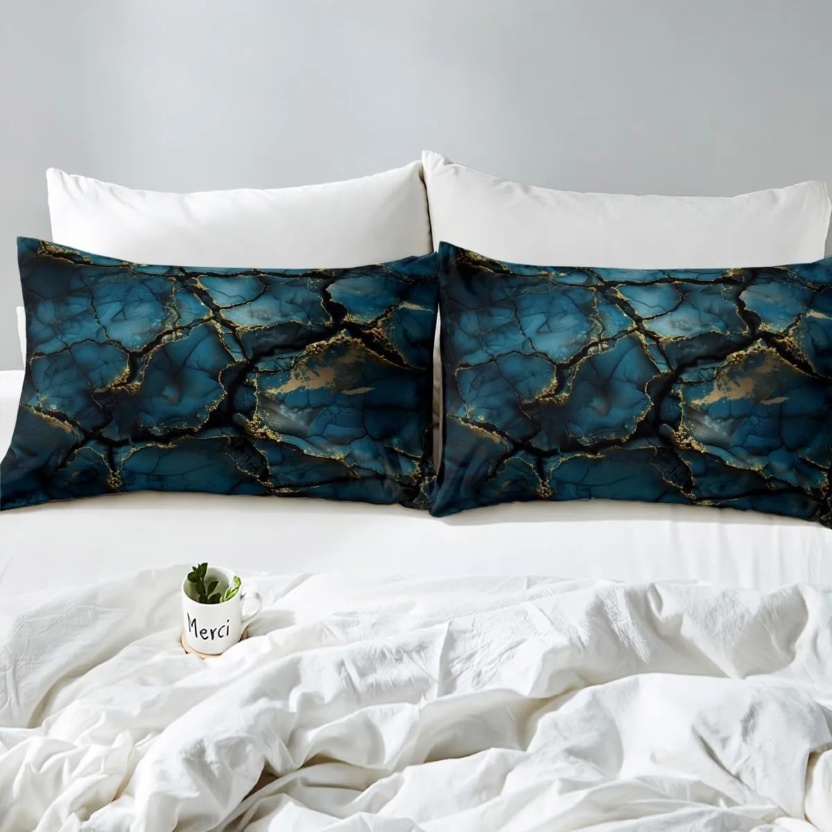 Feelyou Navy Blue Marble Bed Sheets Set Queen Size Modern Marble Aesthetic Sheet Set Retro Watercolor Artwork Design Sheets with Deep Pocket Fitted Sheet Abstract Marble Texture Printed Bedding Set