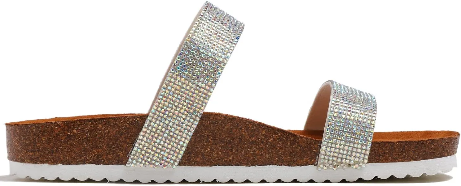 FEVERSOLE Women's Fashion Sparkle Slide Sandals Soft Cork Footbed Comfort Flats