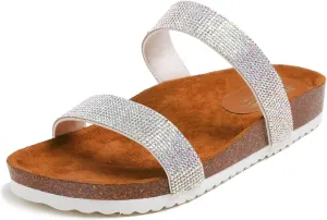 FEVERSOLE Women's Fashion Sparkle Slide Sandals Soft Cork Footbed Comfort Flats