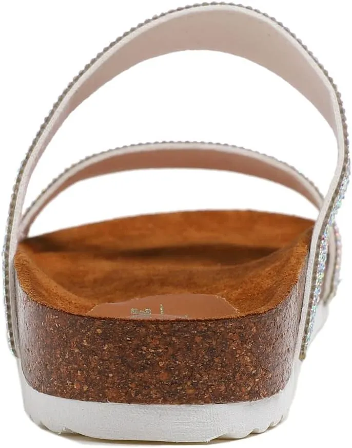 FEVERSOLE Women's Fashion Sparkle Slide Sandals Soft Cork Footbed Comfort Flats