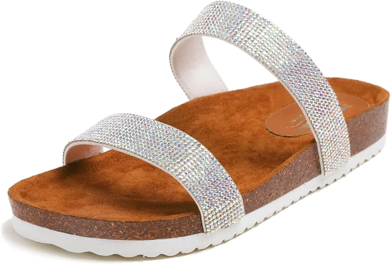 FEVERSOLE Women's Fashion Sparkle Slide Sandals Soft Cork Footbed Comfort Flats