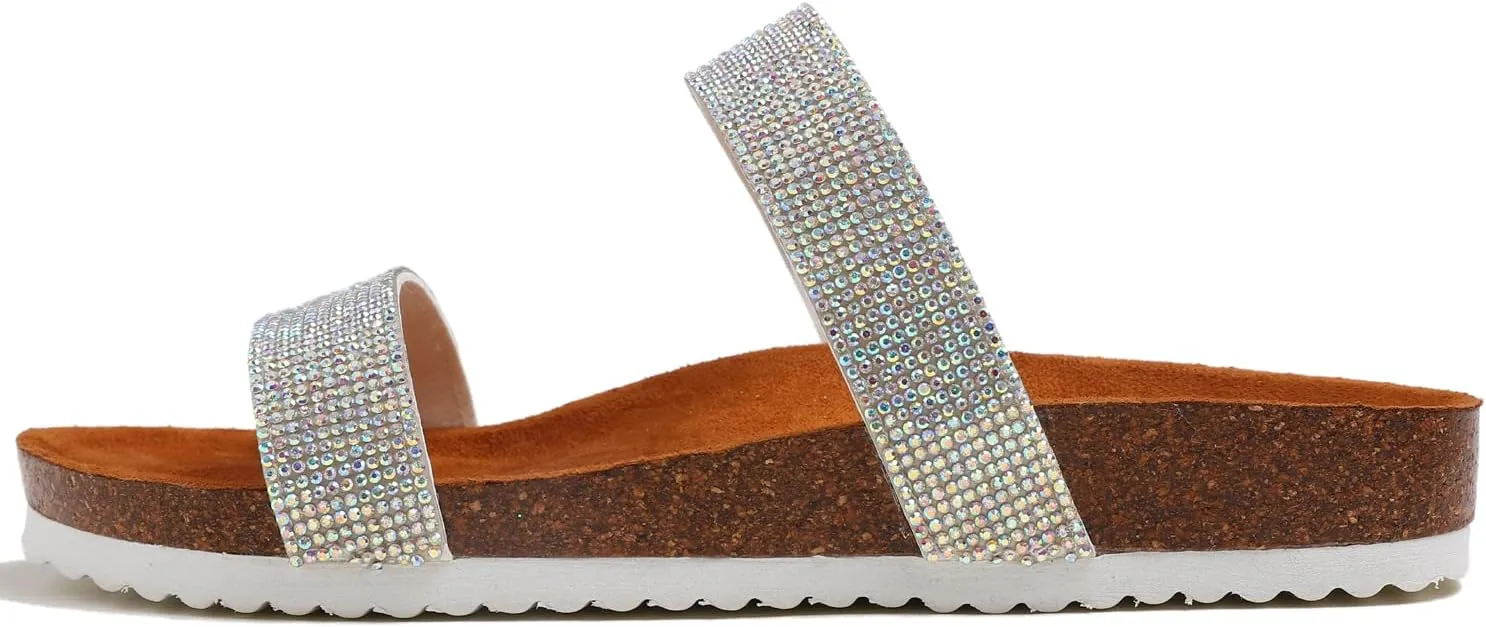 FEVERSOLE Women's Fashion Sparkle Slide Sandals Soft Cork Footbed Comfort Flats