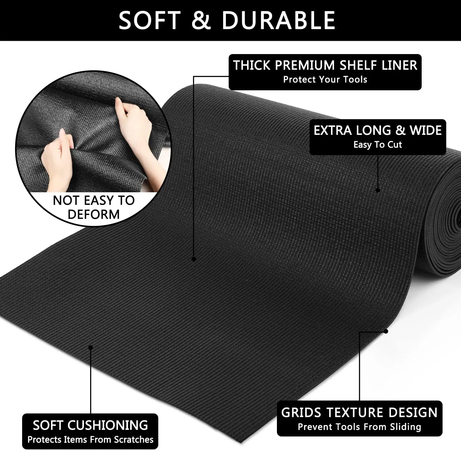 Foam Toolbox Liner Drawer Mat 1/8 Inch Thick X 16 Inch Wide X 16 Ft Long Black, No Slip for Protecting Cabinet, Garage, Cart, Tool Box