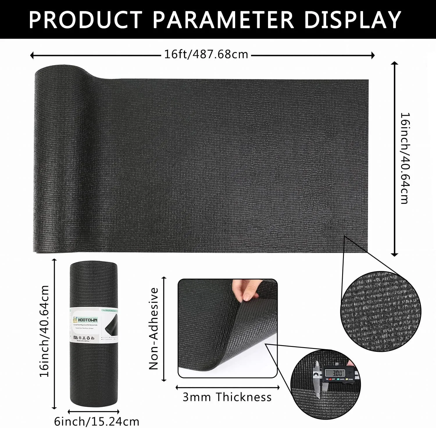 Foam Toolbox Liner Drawer Mat 1/8 Inch Thick X 16 Inch Wide X 16 Ft Long Black, No Slip for Protecting Cabinet, Garage, Cart, Tool Box