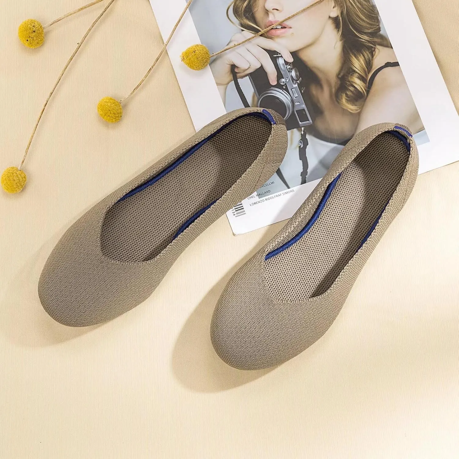 Frank Mully Women’s Ballet Flat Shoes Knit Dress Shoes Round Toe Slip On Ballerina Walking Flats Shoes for Woman Low Wedge Comfort Soft