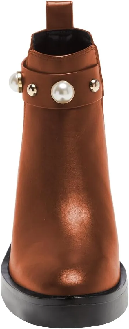 FSJ Women Round Toe Chelsea Boots with Pearls Strap Block Low Heel Slip On Vegan Leather Ankle Booties Size 4-16 US