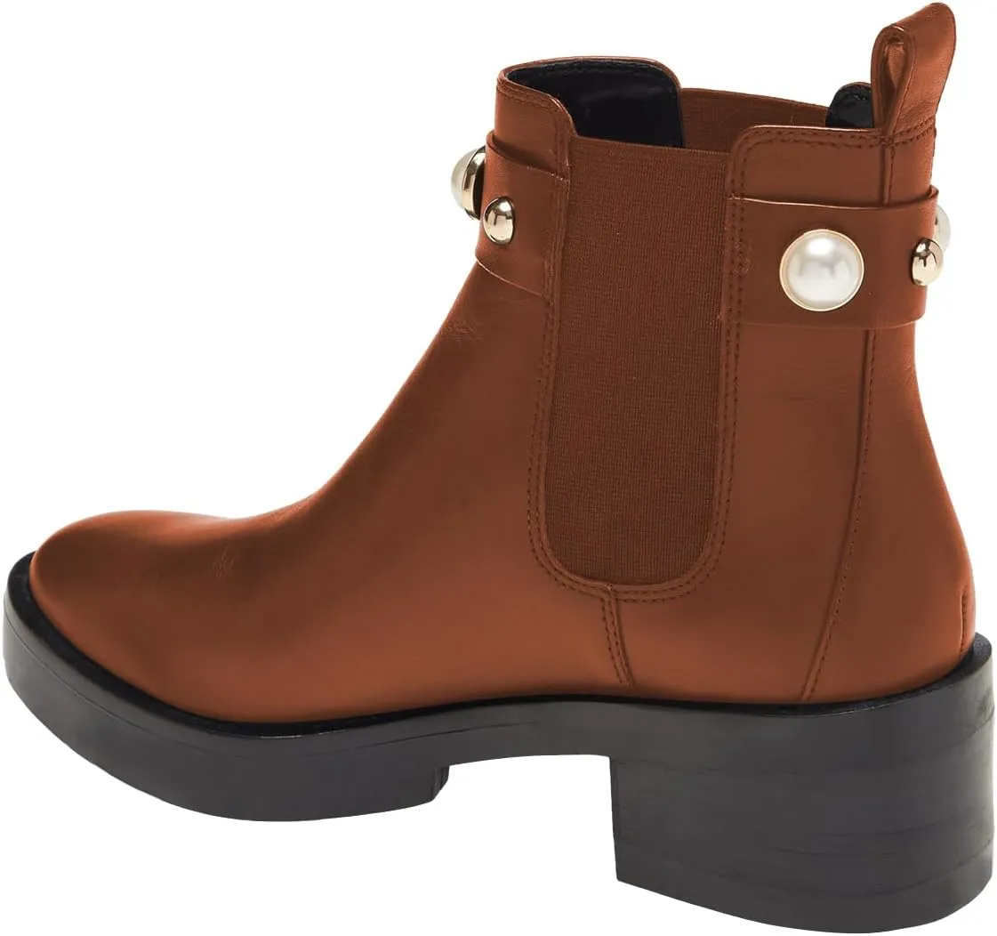 FSJ Women Round Toe Chelsea Boots with Pearls Strap Block Low Heel Slip On Vegan Leather Ankle Booties Size 4-16 US