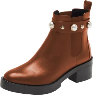 FSJ Women Round Toe Chelsea Boots with Pearls Strap Block Low Heel Slip On Vegan Leather Ankle Booties Size 4-16 US
