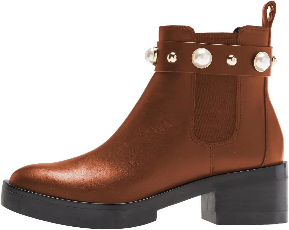 FSJ Women Round Toe Chelsea Boots with Pearls Strap Block Low Heel Slip On Vegan Leather Ankle Booties Size 4-16 US