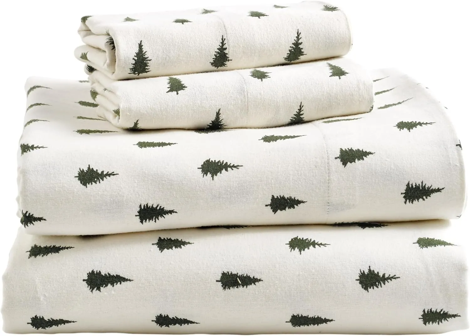 G.H. Bass Spruce Trees 100% Cotton Flannel Sheet Set, Flat, Fitted, 2 Pillowcases, Queen, Forest Green