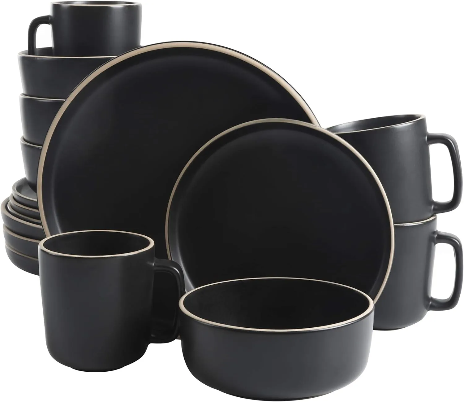 Gibson Home Zuma 16 Piece Round Kitchen Dinnerware Set, Dishes, Plates, Bowls, Mugs, Service for 4, Matte Stoneware, Black