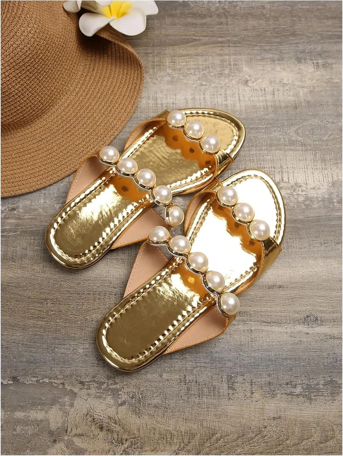 GORGLITTER Women's Pearls Decor Double Strap Slide Shoes Round Open Toe Metallic Flat Sandals
