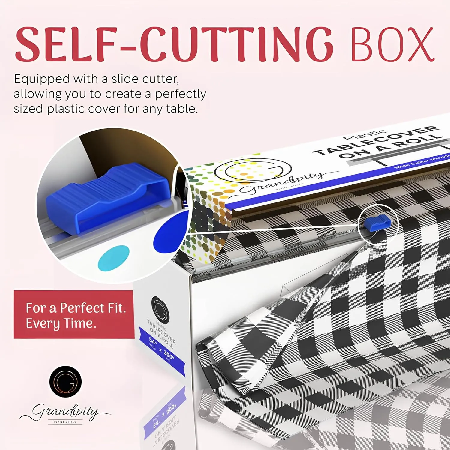 Grandipity Plastic Tablecloth Roll - 54" x 300' Black Gingham Plastic Table Cloths for Parties - Disposable with Cutter Box - Cut to Size Table Cover for Rectangle & Round