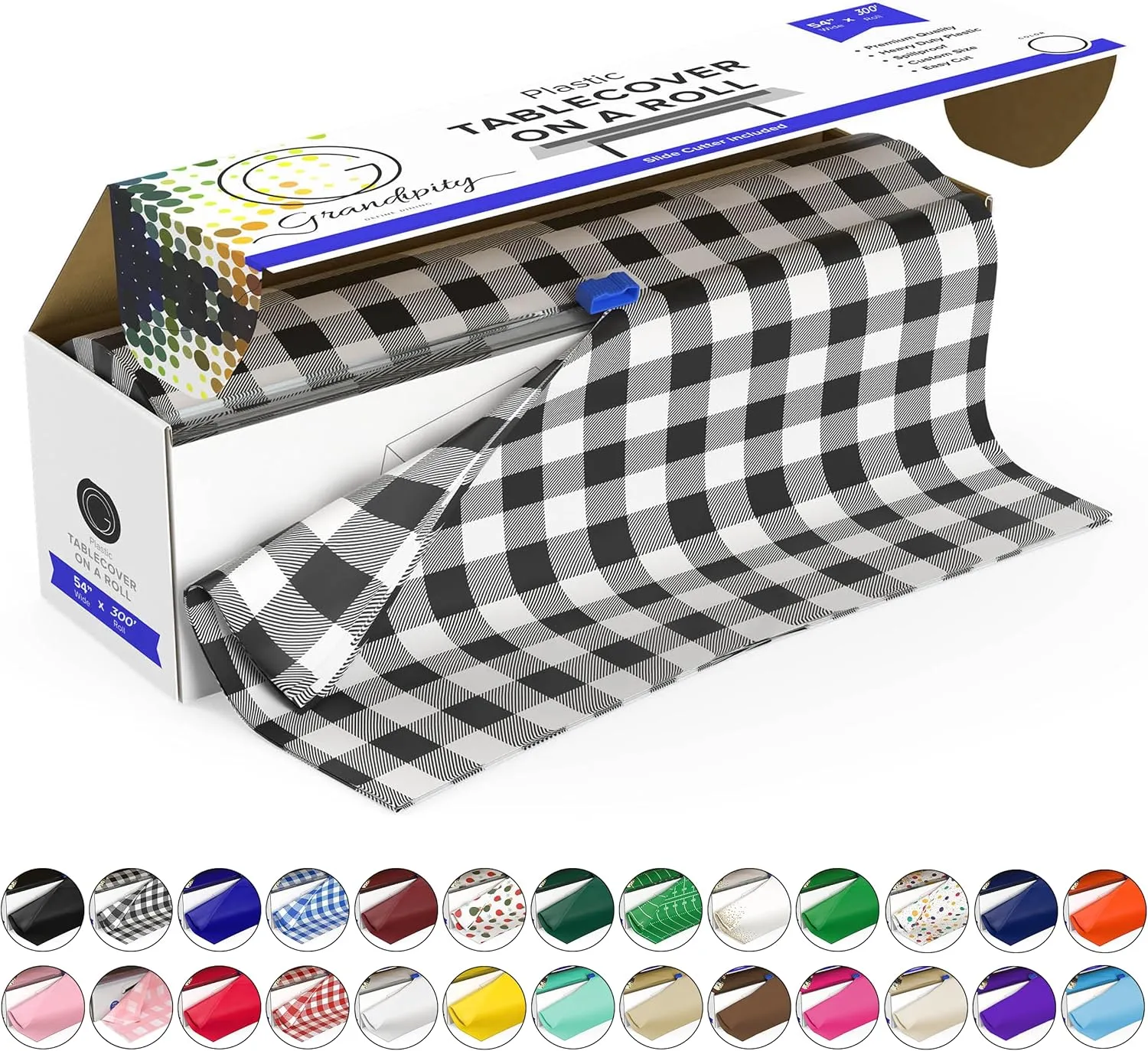 Grandipity Plastic Tablecloth Roll - 54" x 300' Black Gingham Plastic Table Cloths for Parties - Disposable with Cutter Box - Cut to Size Table Cover for Rectangle & Round