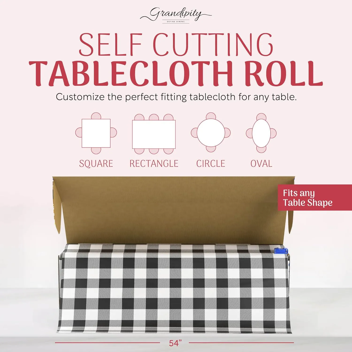 Grandipity Plastic Tablecloth Roll - 54" x 300' Black Gingham Plastic Table Cloths for Parties - Disposable with Cutter Box - Cut to Size Table Cover for Rectangle & Round