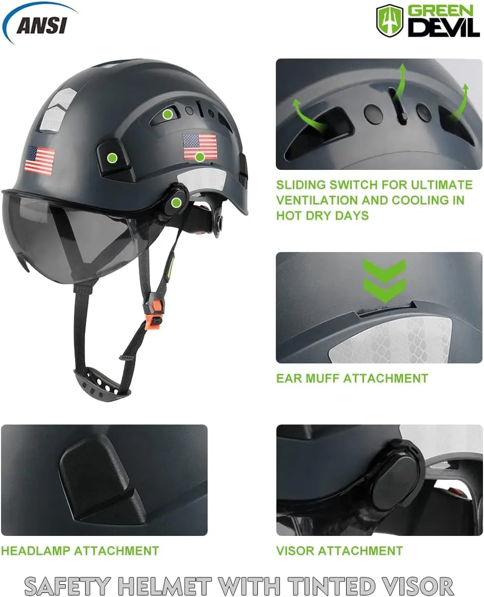 GREEN DEVIL Safety Helmet Hard Hat with Visor Chinstrap Adjustable Lightweight Vented ABS Work Helmet for Men and Women 6-Point Suspension ANSI Z89.1 Approved Ideal for Industrial & Construction