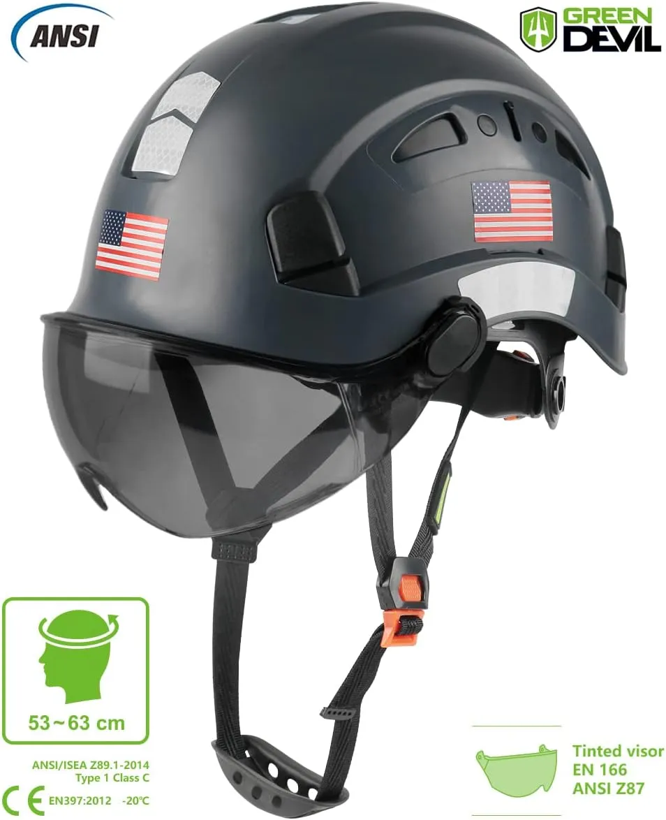GREEN DEVIL Safety Helmet Hard Hat with Visor Chinstrap Adjustable Lightweight Vented ABS Work Helmet for Men and Women 6-Point Suspension ANSI Z89.1 Approved Ideal for Industrial & Construction
