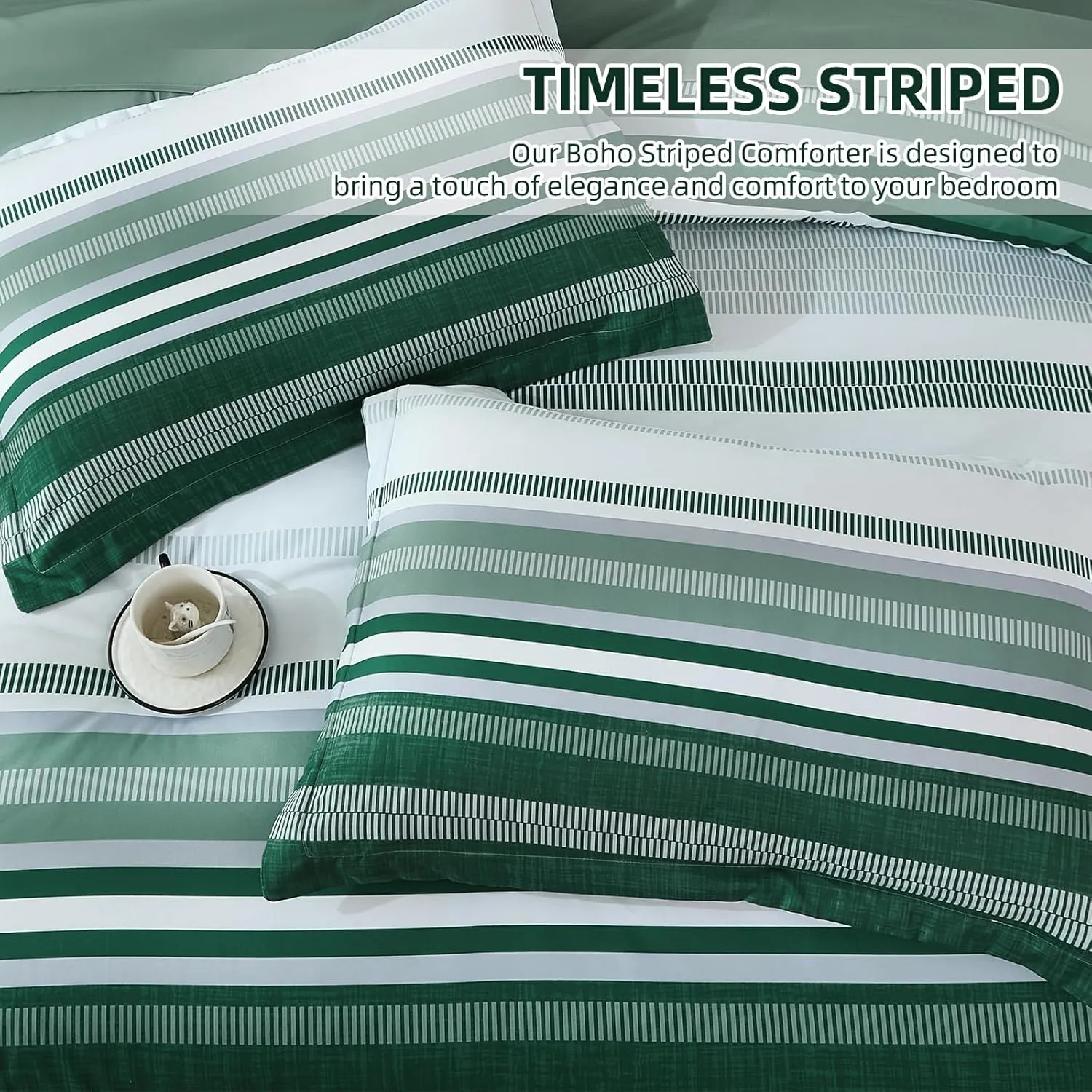 Green Queen Comforter Set 7 Pieces, Boho Striped Bed in a Bag Queen Size Soft Microfiber All Season Bedding Set with Comforter, Sheets, Pillowcases & Shams