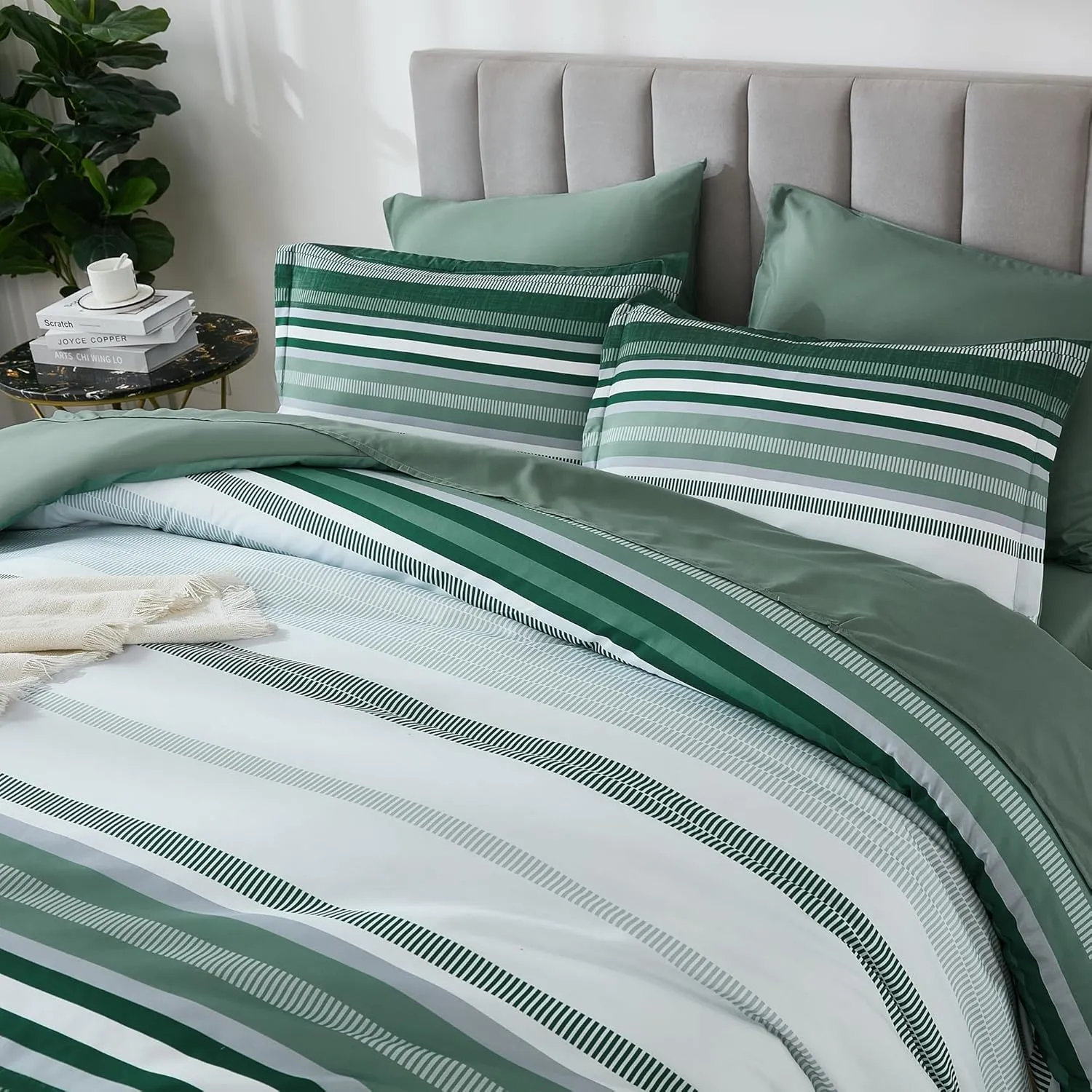 Green Queen Comforter Set 7 Pieces, Boho Striped Bed in a Bag Queen Size Soft Microfiber All Season Bedding Set with Comforter, Sheets, Pillowcases & Shams