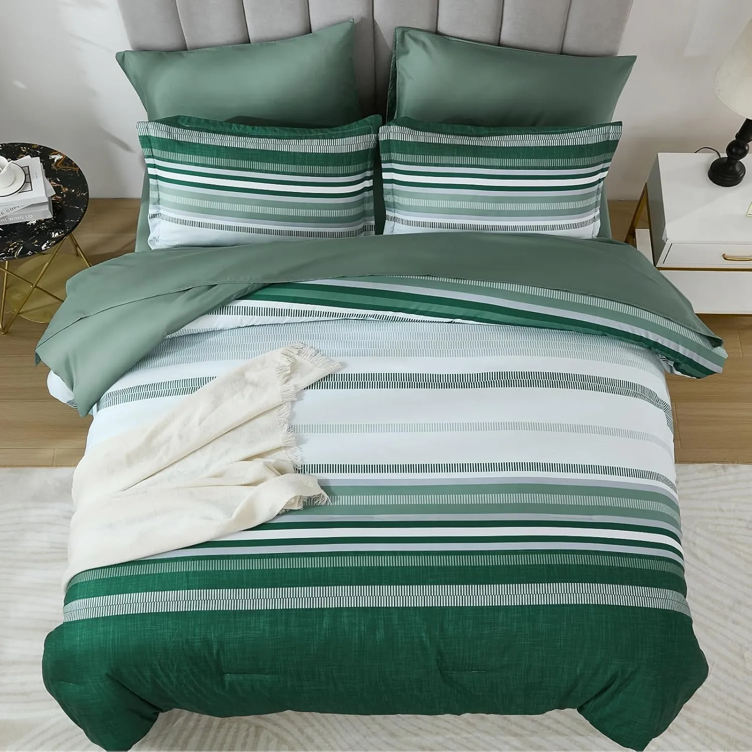 Green Queen Comforter Set 7 Pieces, Boho Striped Bed in a Bag Queen Size Soft Microfiber All Season Bedding Set with Comforter, Sheets, Pillowcases & Shams