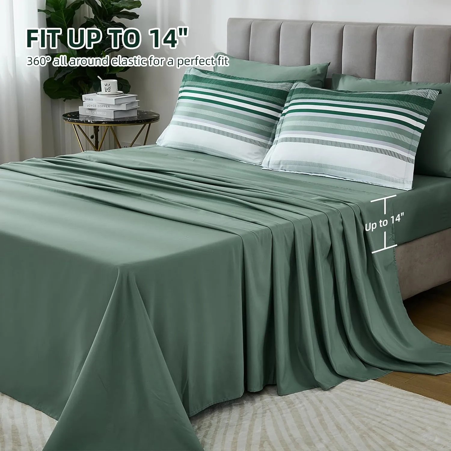 Green Queen Comforter Set 7 Pieces, Boho Striped Bed in a Bag Queen Size Soft Microfiber All Season Bedding Set with Comforter, Sheets, Pillowcases & Shams