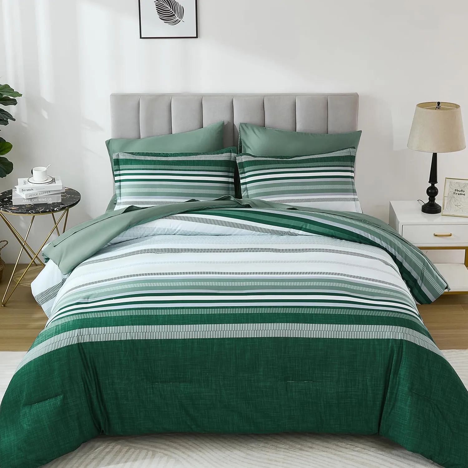 Green Queen Comforter Set 7 Pieces, Boho Striped Bed in a Bag Queen Size Soft Microfiber All Season Bedding Set with Comforter, Sheets, Pillowcases & Shams