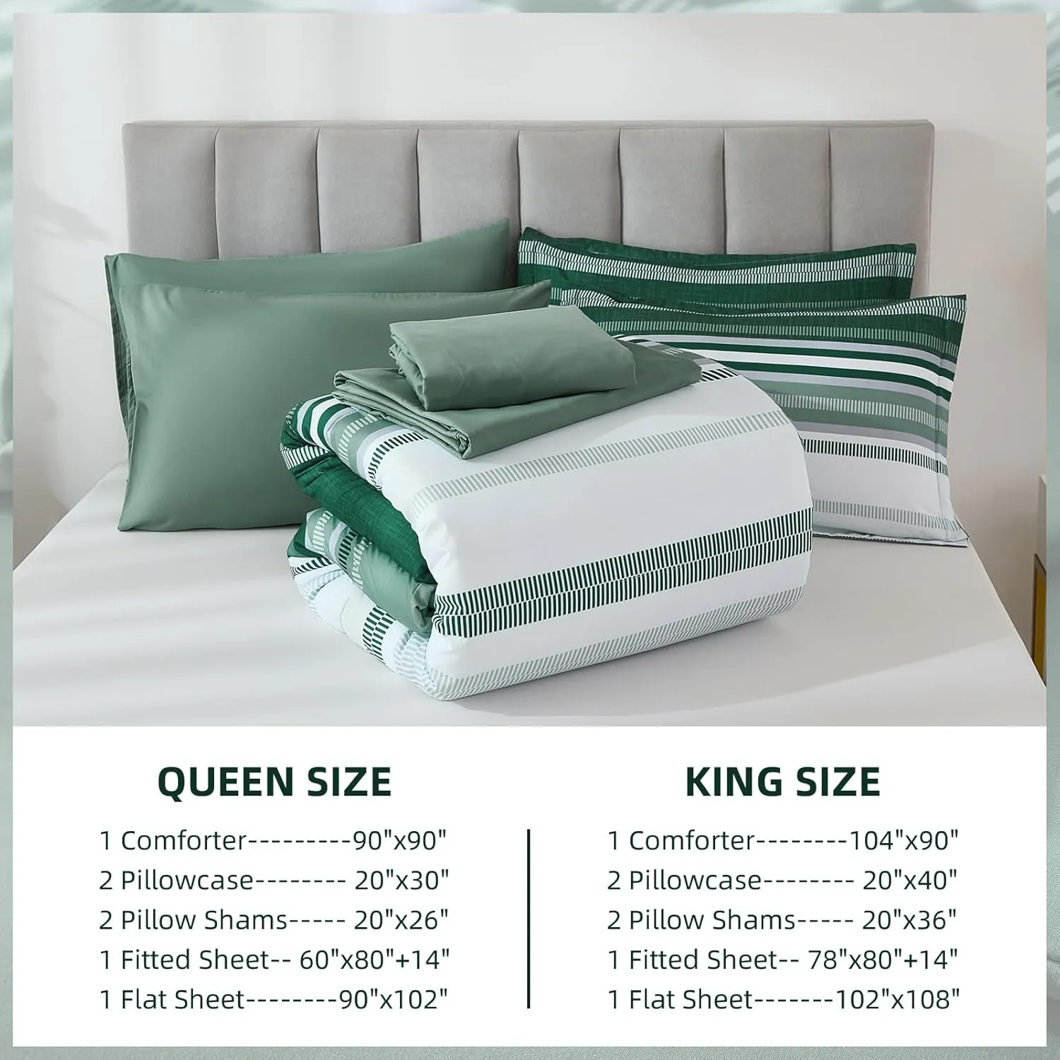 Green Queen Comforter Set 7 Pieces, Boho Striped Bed in a Bag Queen Size Soft Microfiber All Season Bedding Set with Comforter, Sheets, Pillowcases & Shams