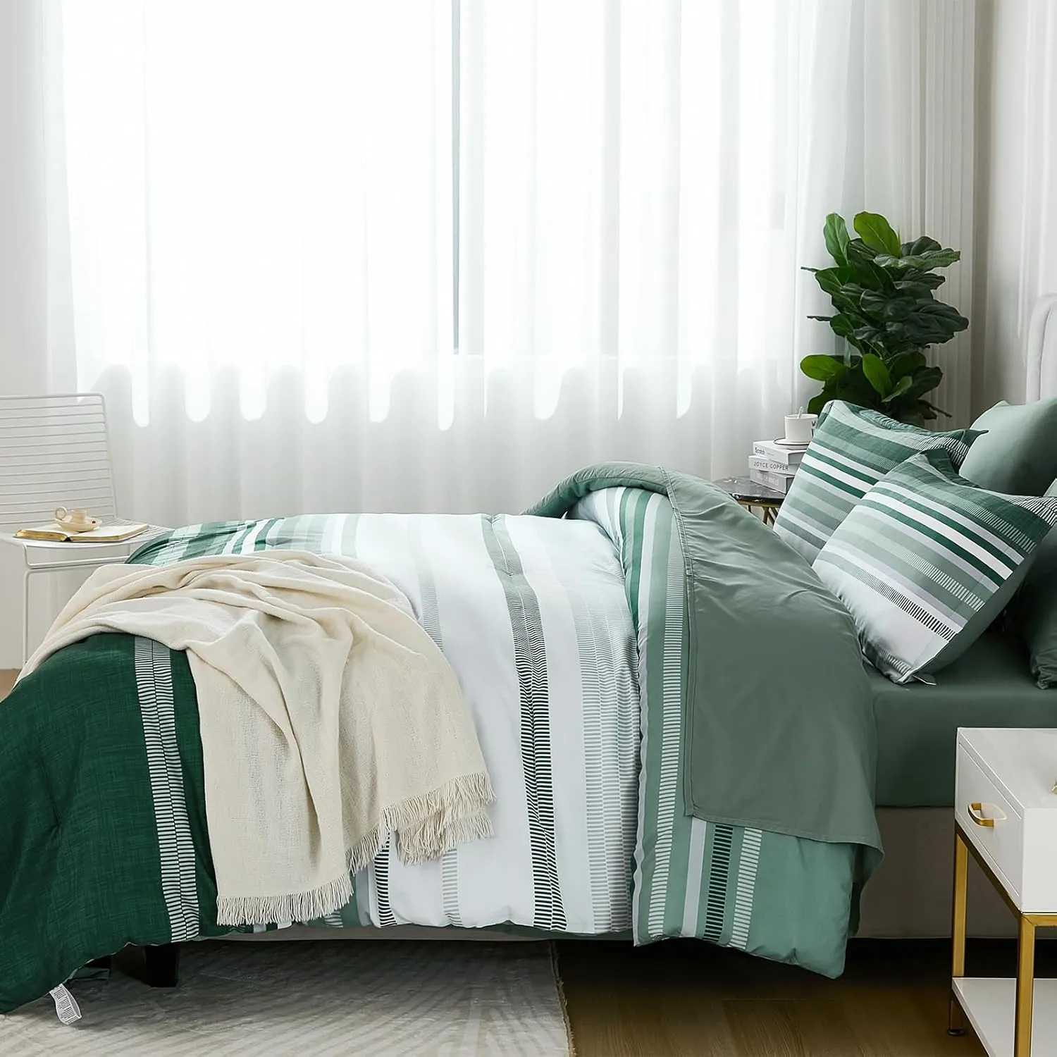 Green Queen Comforter Set 7 Pieces, Boho Striped Bed in a Bag Queen Size Soft Microfiber All Season Bedding Set with Comforter, Sheets, Pillowcases & Shams