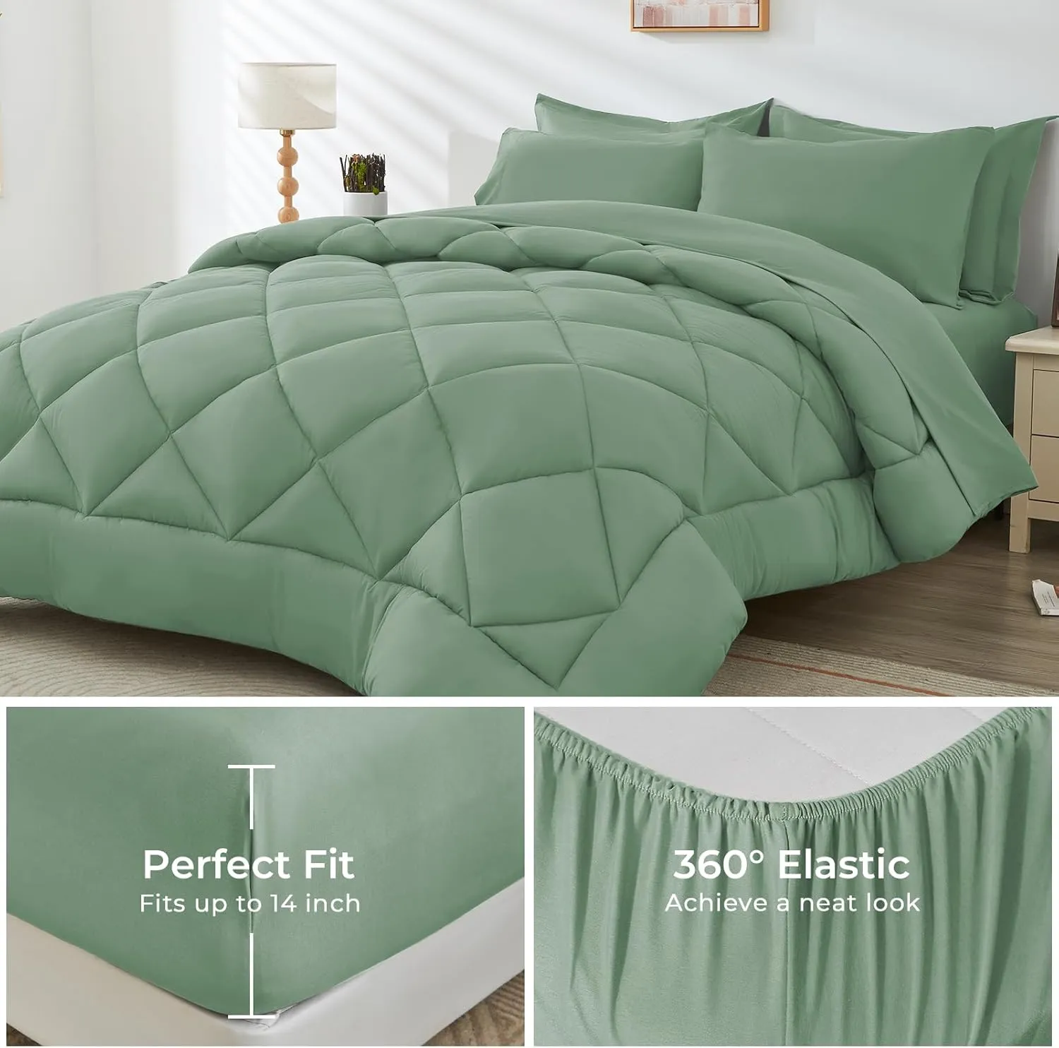 HEVUMYI Light Green Queen Comforter Set - 7-Piece All Season Bed in a Bag Queen, Ultra Soft Bedding Set with Comforter, Flat Sheet, Fitted Sheet, Pillowcases, Pillow Shams