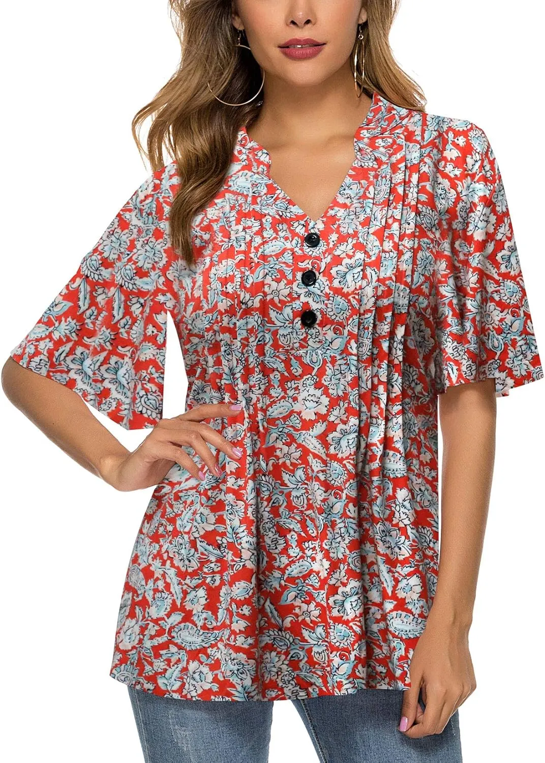 HOCOSIT Women's Floral Print Short Ruffle Sleeve Pleated Front V Neck Button Tunic Tops