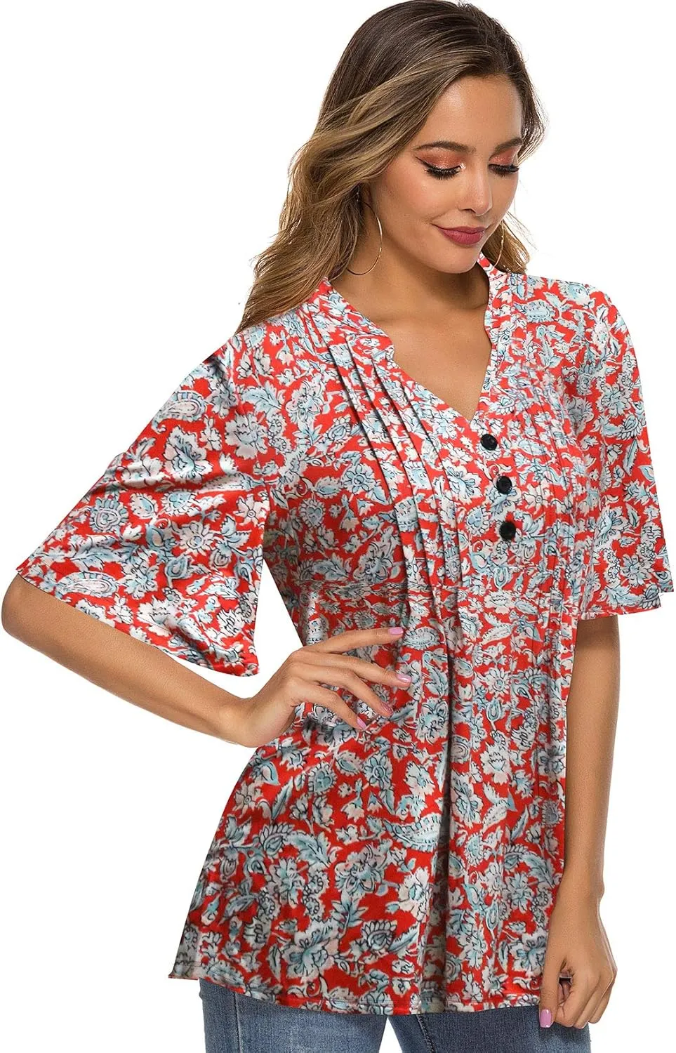 HOCOSIT Women's Floral Print Short Ruffle Sleeve Pleated Front V Neck Button Tunic Tops
