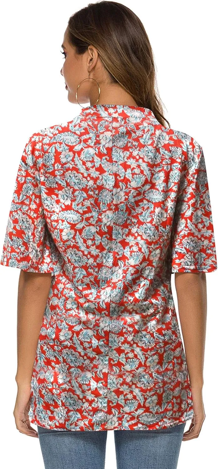 HOCOSIT Women's Floral Print Short Ruffle Sleeve Pleated Front V Neck Button Tunic Tops
