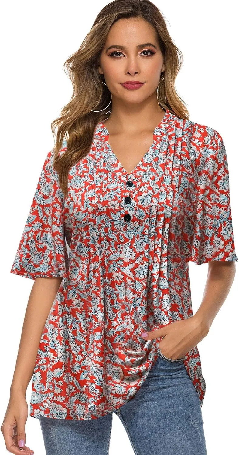 HOCOSIT Women's Floral Print Short Ruffle Sleeve Pleated Front V Neck Button Tunic Tops