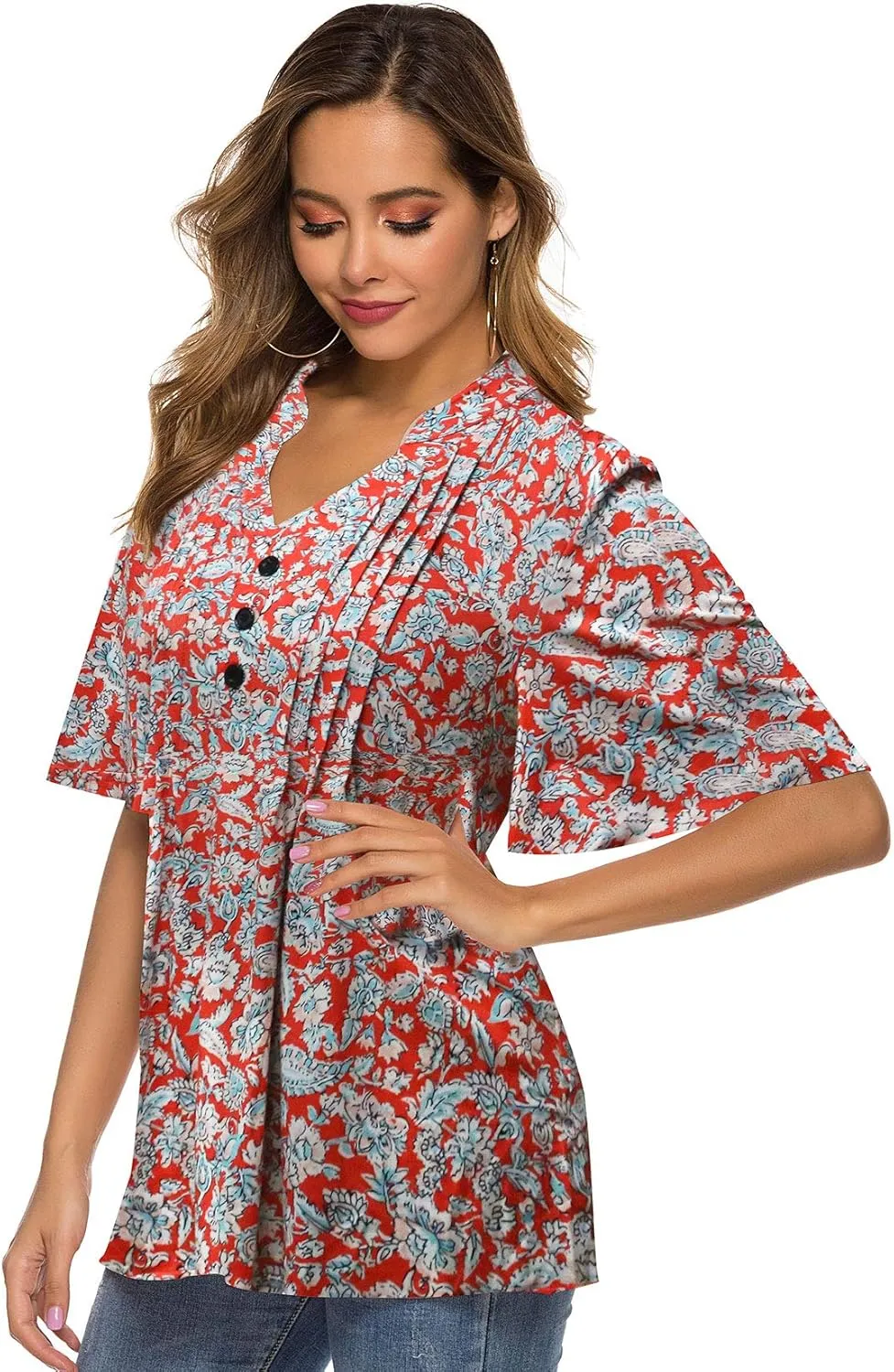 HOCOSIT Women's Floral Print Short Ruffle Sleeve Pleated Front V Neck Button Tunic Tops