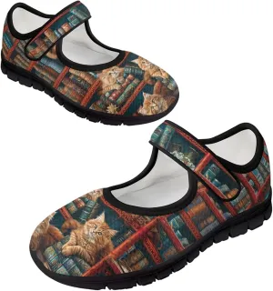 Howilath Cat Print Mary Jane Shoes Women Round Toe Dress Dance Shoes Mesh Casual Flats Shoes with Magic Sticker