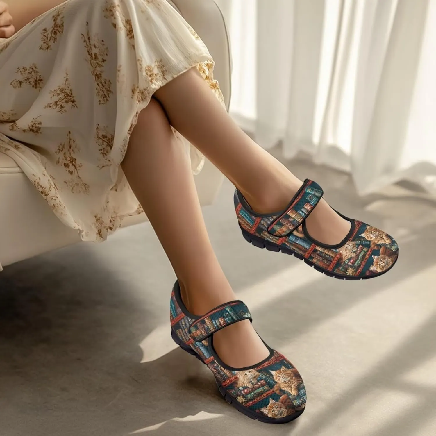 Howilath Cat Print Mary Jane Shoes Women Round Toe Dress Dance Shoes Mesh Casual Flats Shoes with Magic Sticker