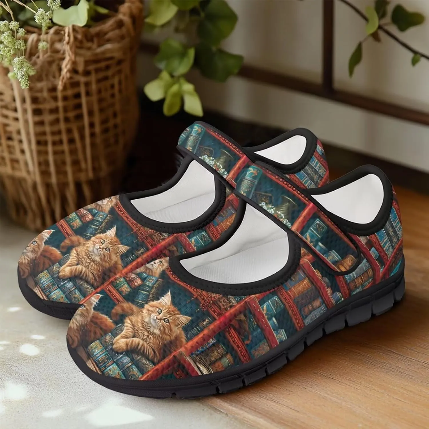 Howilath Cat Print Mary Jane Shoes Women Round Toe Dress Dance Shoes Mesh Casual Flats Shoes with Magic Sticker