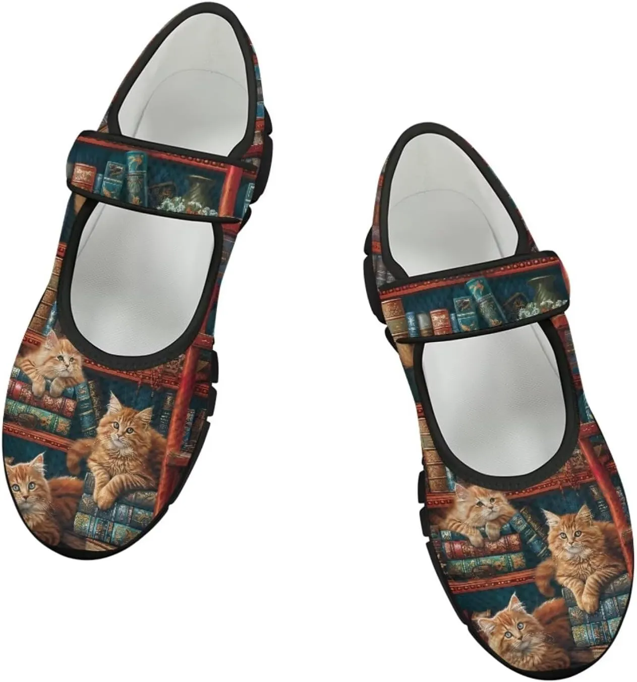Howilath Cat Print Mary Jane Shoes Women Round Toe Dress Dance Shoes Mesh Casual Flats Shoes with Magic Sticker