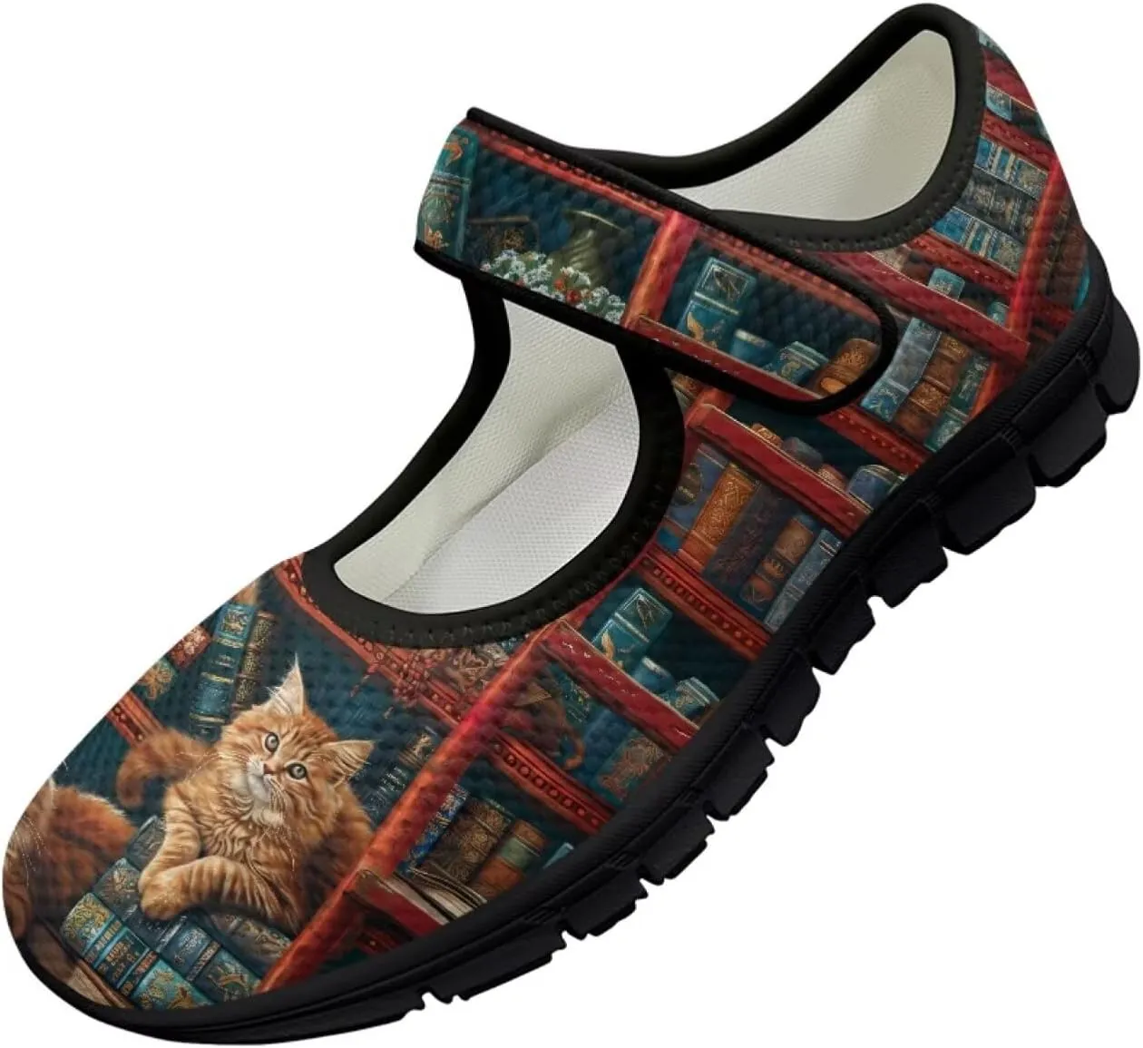 Howilath Cat Print Mary Jane Shoes Women Round Toe Dress Dance Shoes Mesh Casual Flats Shoes with Magic Sticker