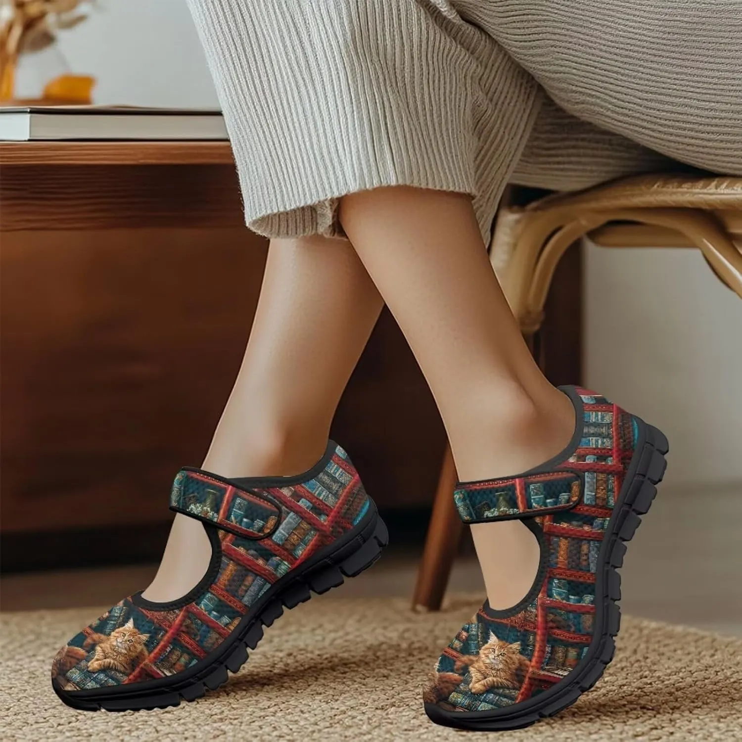 Howilath Cat Print Mary Jane Shoes Women Round Toe Dress Dance Shoes Mesh Casual Flats Shoes with Magic Sticker