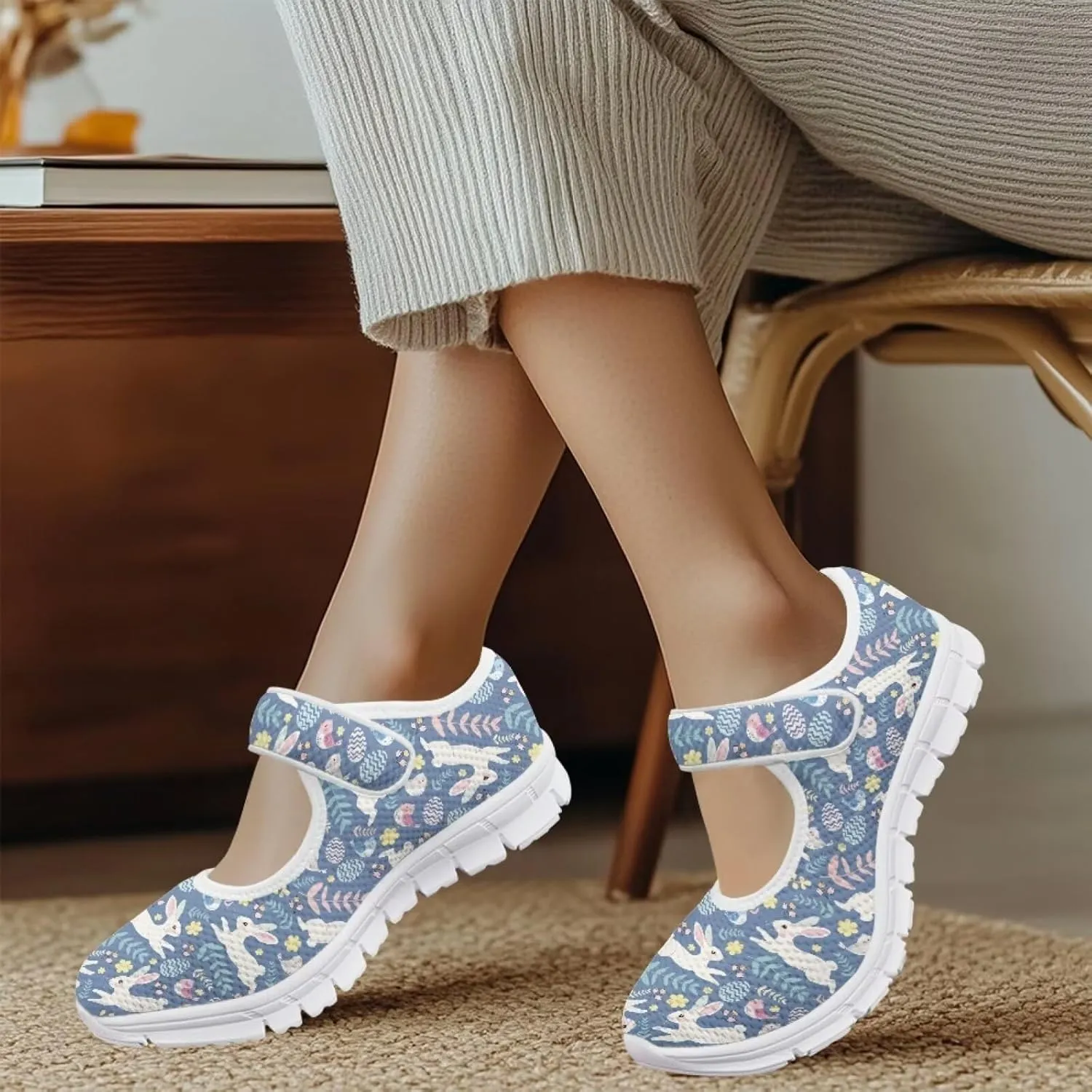 Howilath Easter Bunny Print Women's Ballet Flats Round Toe Mary Janes Ballerina Shoes with Magic Sticker
