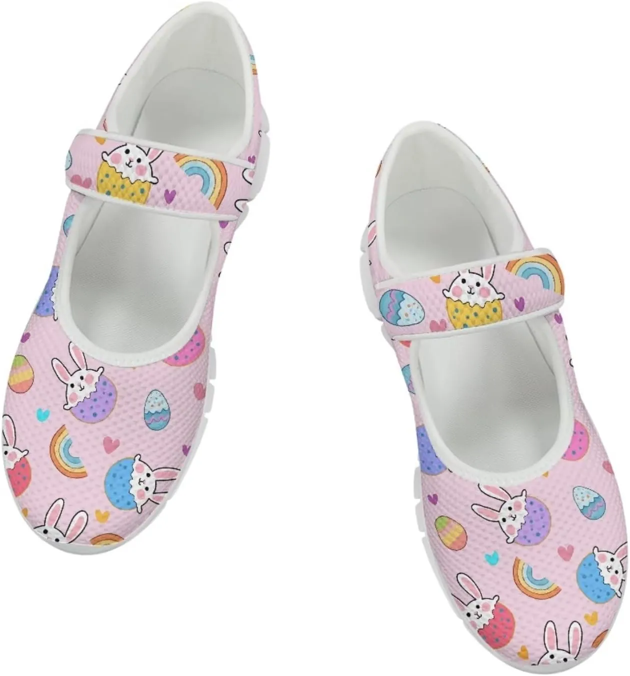 Howilath Easter Bunny Print Women's Ballet Flats Round Toe Mary Janes Ballerina Shoes with Magic Sticker
