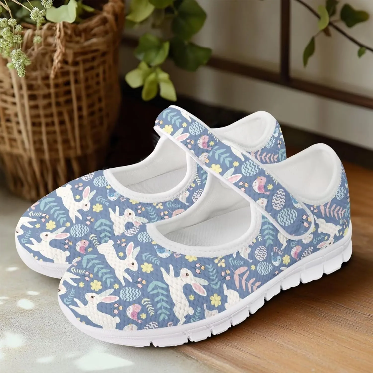 Howilath Easter Bunny Print Women's Ballet Flats Round Toe Mary Janes Ballerina Shoes with Magic Sticker