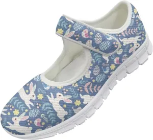 Howilath Easter Bunny Print Women's Ballet Flats Round Toe Mary Janes Ballerina Shoes with Magic Sticker